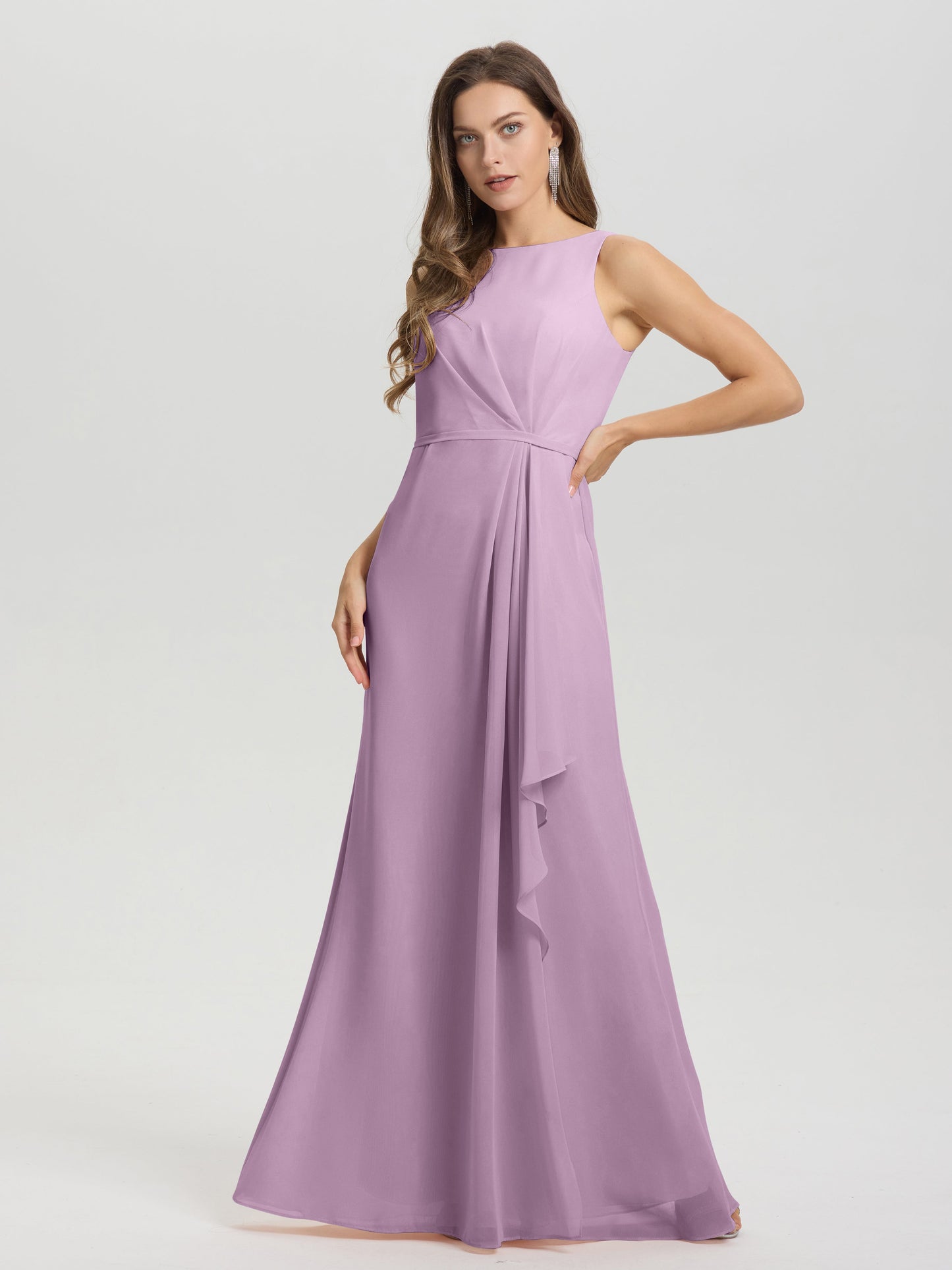 Boat Neck Sleeveless Ruffles Key Hole Back Chiffon Bridesmaid Dress