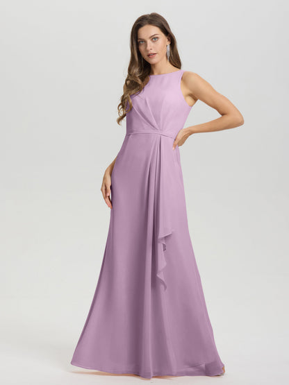 Boat Neck Sleeveless Ruffles Key Hole Back Chiffon Bridesmaid Dress