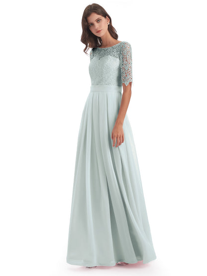 Brielle Illussion Neckline and Back Half Sleeves Scoop Lace Bridesmaid Dresses