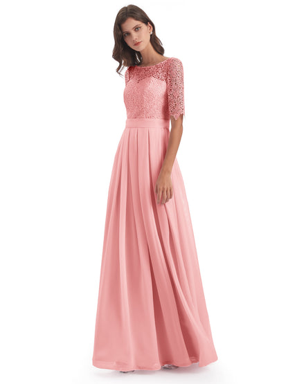Brielle Illussion Neckline and Back Half Sleeves Scoop Lace Bridesmaid Dresses