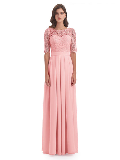 Brielle Illussion Neckline and Back Half Sleeves Scoop Lace Bridesmaid Dresses