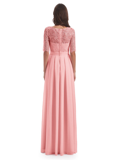 Brielle Illussion Neckline and Back Half Sleeves Scoop Lace Bridesmaid Dresses