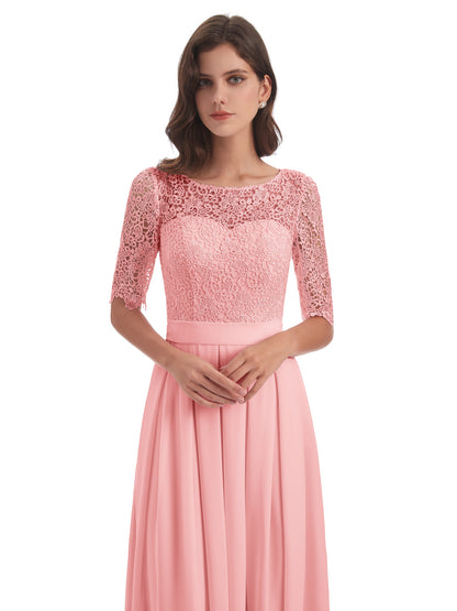 Brielle Illussion Neckline and Back Half Sleeves Scoop Lace Bridesmaid Dresses