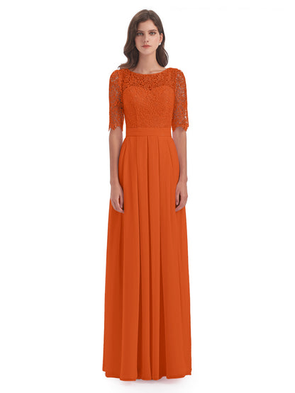 Brielle Illussion Neckline and Back Half Sleeves Scoop Lace Bridesmaid Dresses