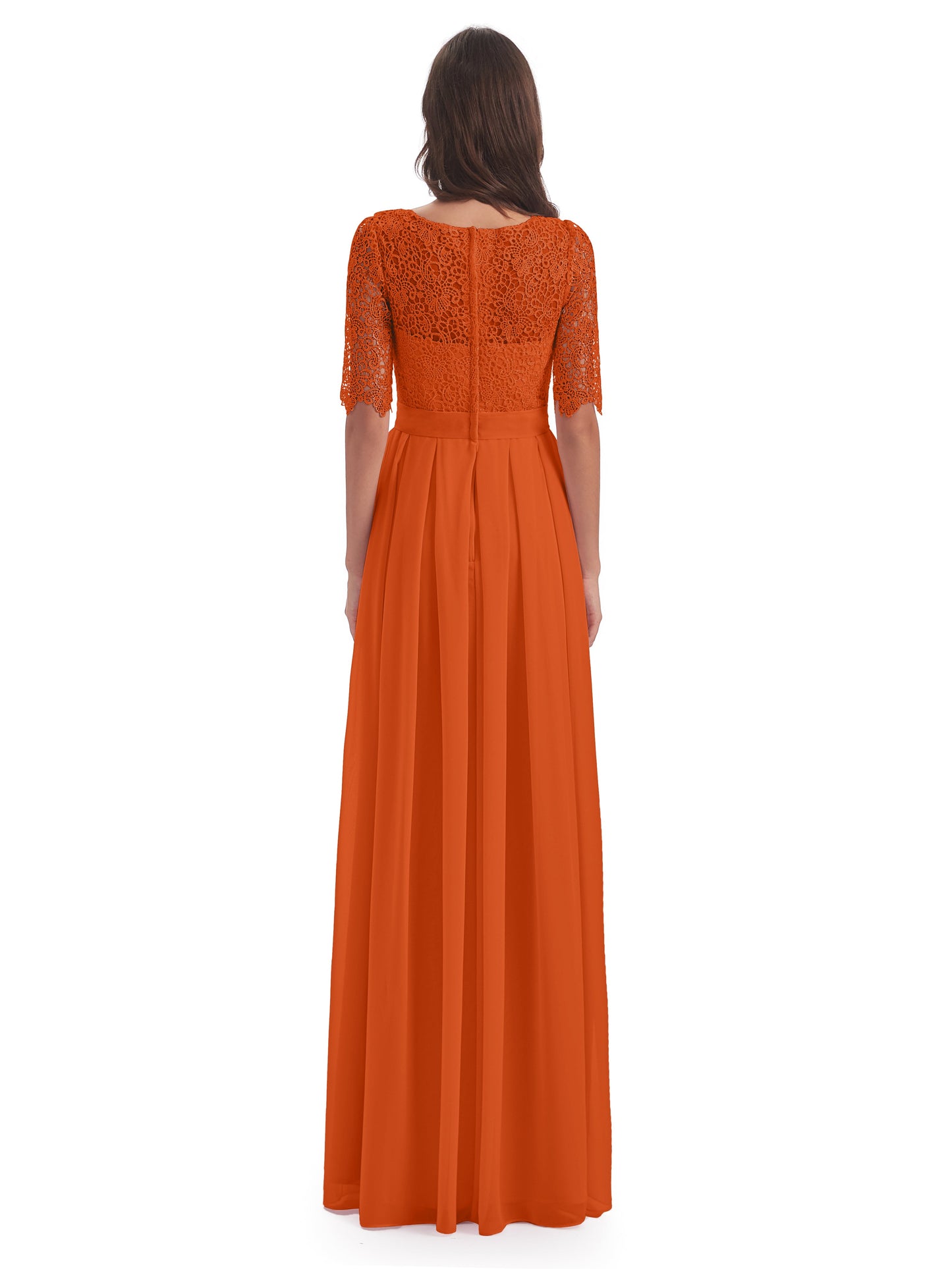 Brielle Illussion Neckline and Back Half Sleeves Scoop Lace Bridesmaid Dresses