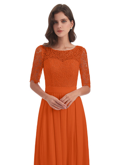 Brielle Illussion Neckline and Back Half Sleeves Scoop Lace Bridesmaid Dresses