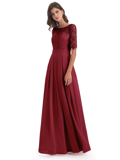 Brielle Illussion Neckline and Back Half Sleeves Scoop Lace Bridesmaid Dresses