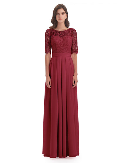 Brielle Illussion Neckline and Back Half Sleeves Scoop Lace Bridesmaid Dresses