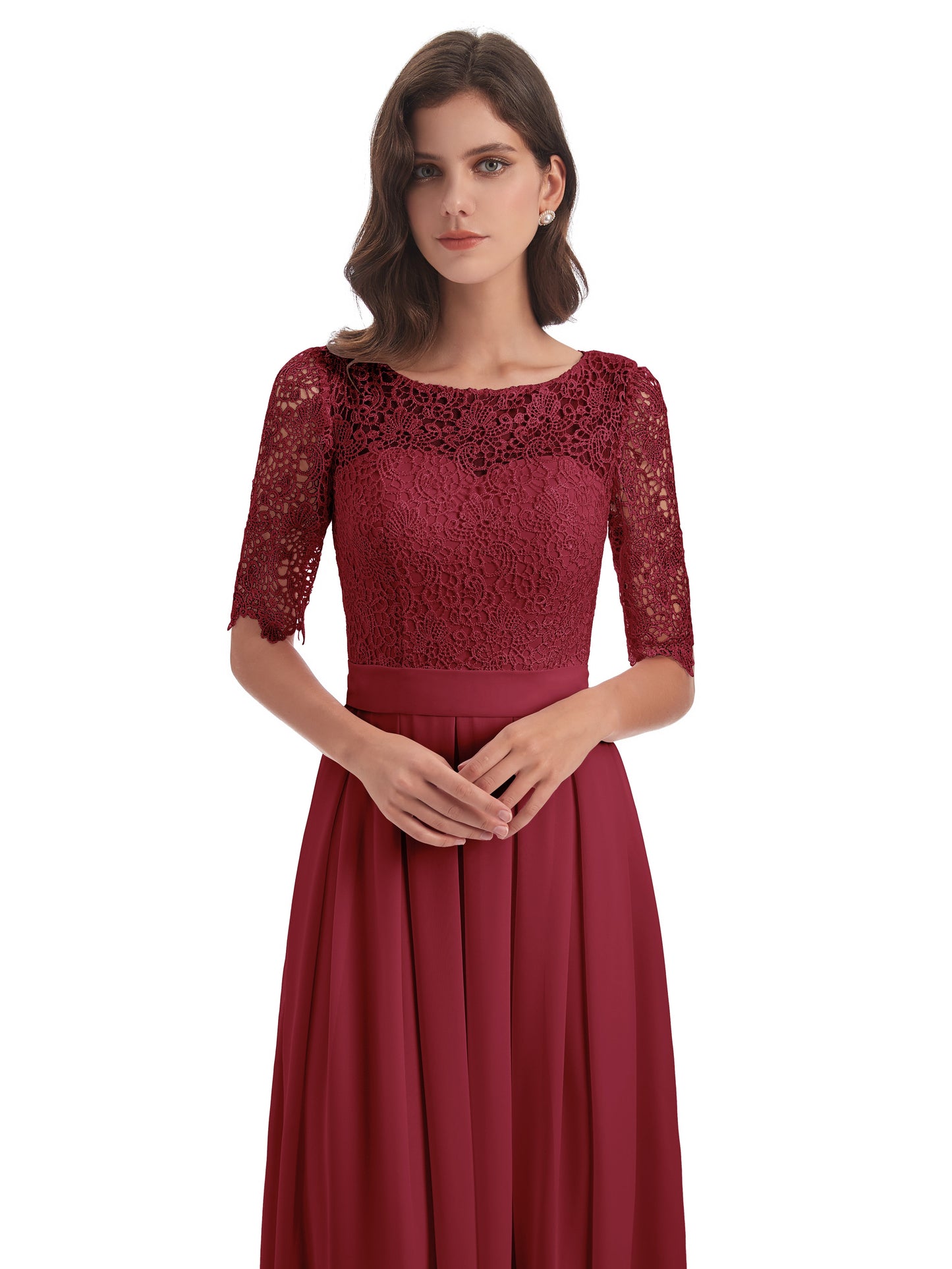 Brielle Illussion Neckline and Back Half Sleeves Scoop Lace Bridesmaid Dresses