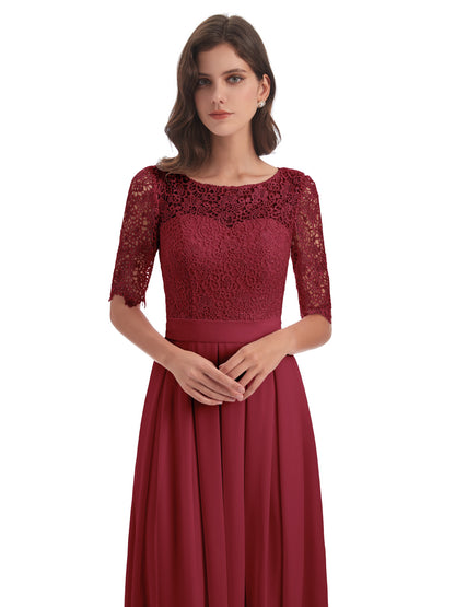 Brielle Illussion Neckline and Back Half Sleeves Scoop Lace Bridesmaid Dresses