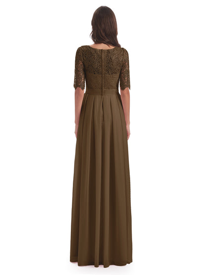 Brielle Illussion Neckline and Back Half Sleeves Scoop Lace Bridesmaid Dresses