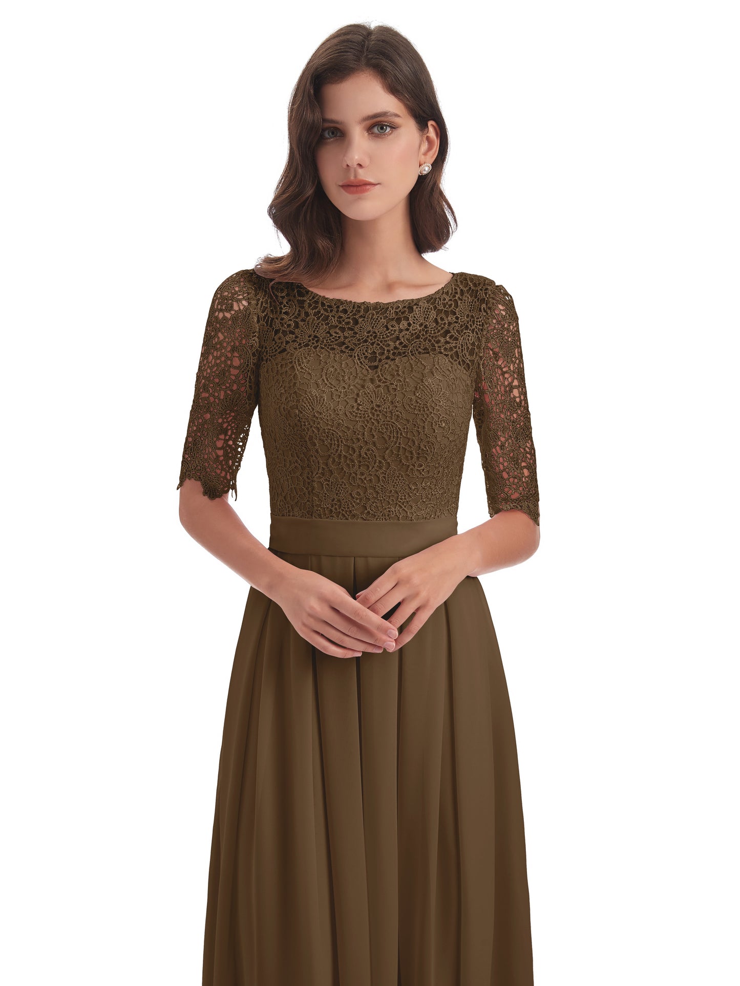 Brielle Illussion Neckline and Back Half Sleeves Scoop Lace Bridesmaid Dresses