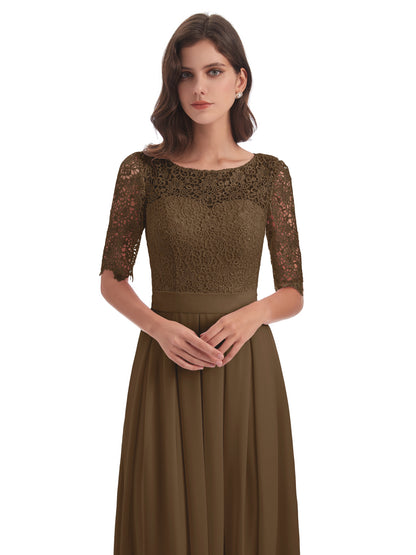 Brielle Illussion Neckline and Back Half Sleeves Scoop Lace Bridesmaid Dresses