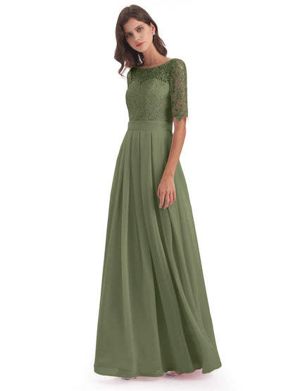 Brielle Illussion Neckline and Back Half Sleeves Scoop Lace Bridesmaid Dresses