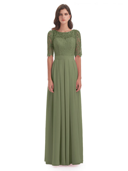 Brielle Illussion Neckline and Back Half Sleeves Scoop Lace Bridesmaid Dresses