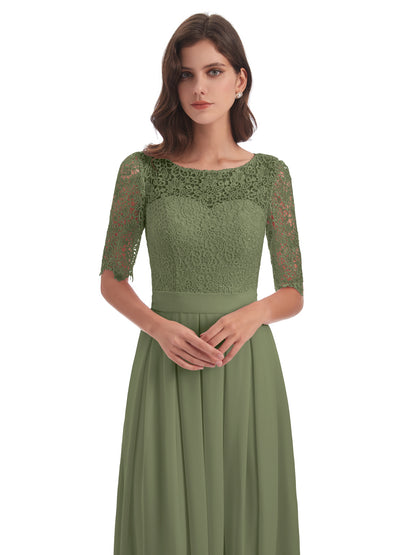 Brielle Illussion Neckline and Back Half Sleeves Scoop Lace Bridesmaid Dresses