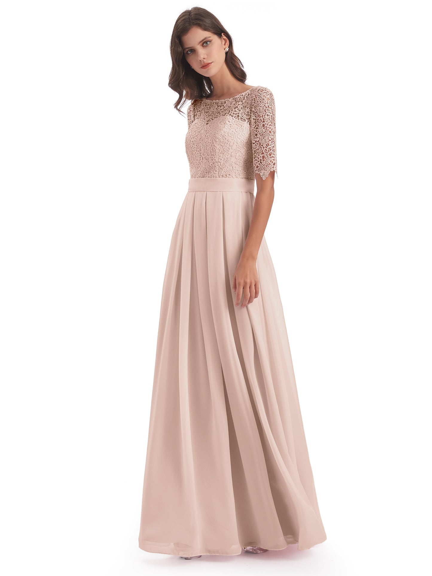 Brielle Illussion Neckline and Back Half Sleeves Scoop Lace Bridesmaid Dresses