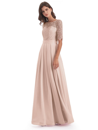 Brielle Illussion Neckline and Back Half Sleeves Scoop Lace Bridesmaid Dresses