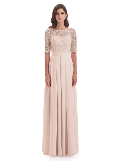 Brielle Illussion Neckline and Back Half Sleeves Scoop Lace Bridesmaid Dresses