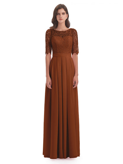 Brielle Illussion Neckline and Back Half Sleeves Scoop Lace Bridesmaid Dresses