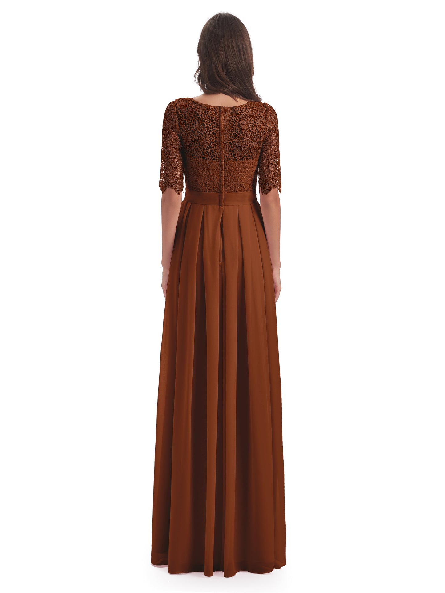 Brielle Illussion Neckline and Back Half Sleeves Scoop Lace Bridesmaid Dresses