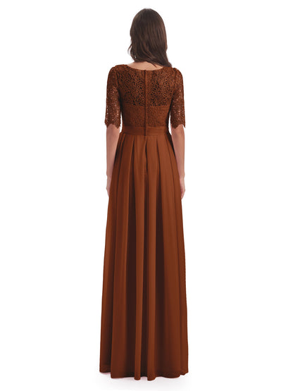 Brielle Illussion Neckline and Back Half Sleeves Scoop Lace Bridesmaid Dresses