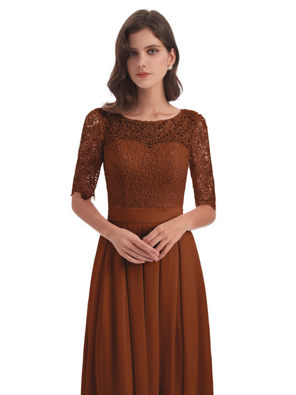 Brielle Illussion Neckline and Back Half Sleeves Scoop Lace Bridesmaid Dresses