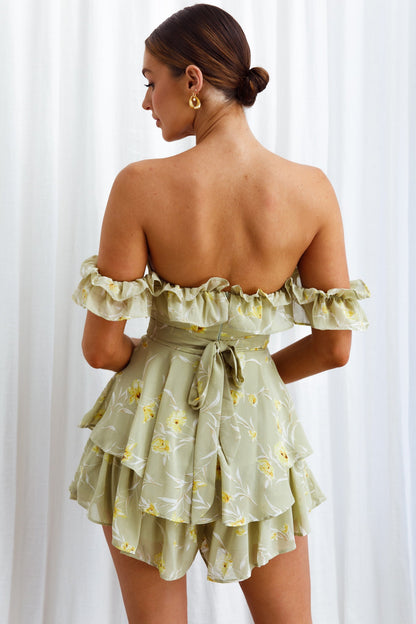 Verona Off-Shoulder Romper Floral Print Olive