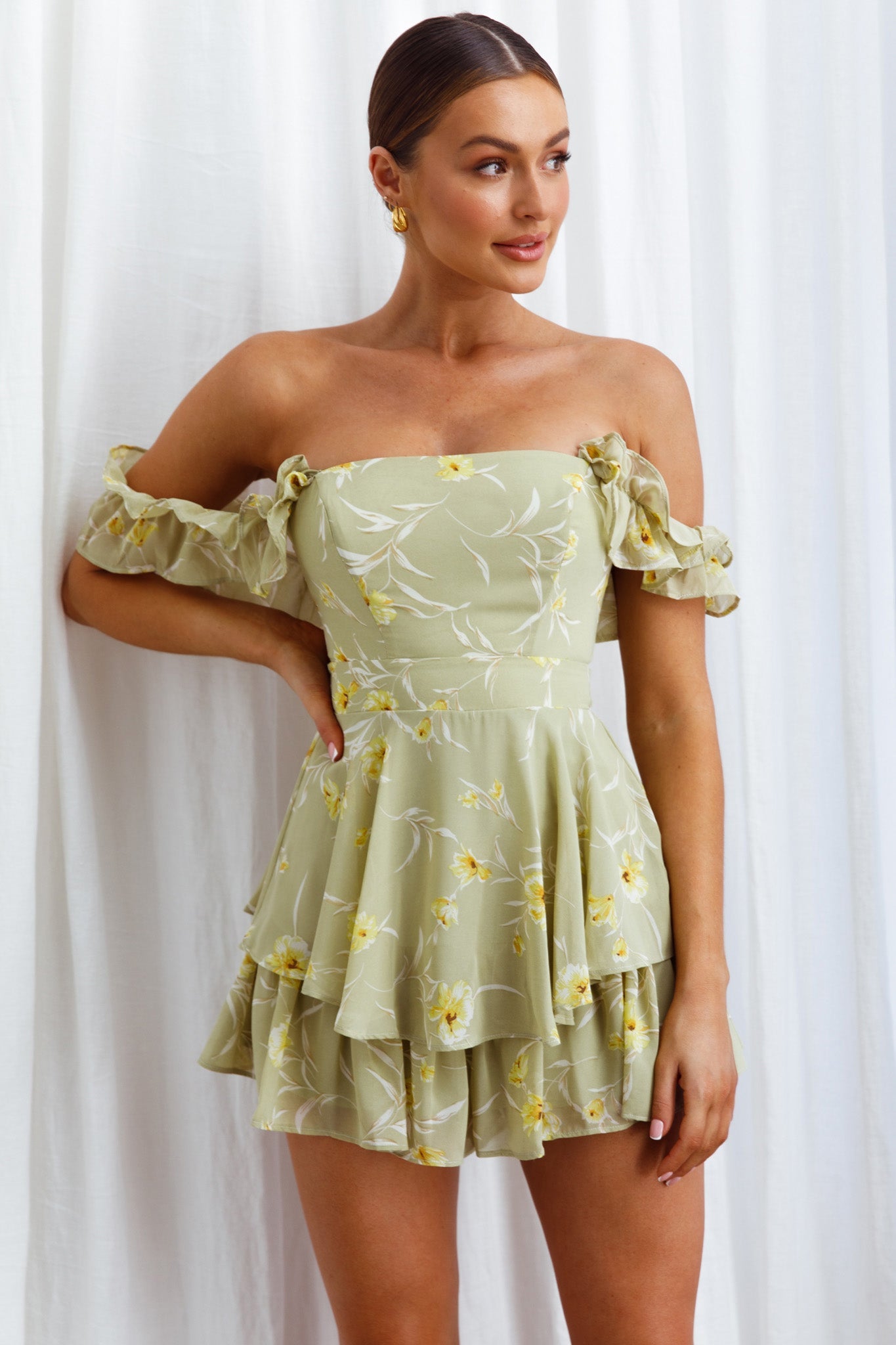 Verona Off-Shoulder Romper Floral Print Olive