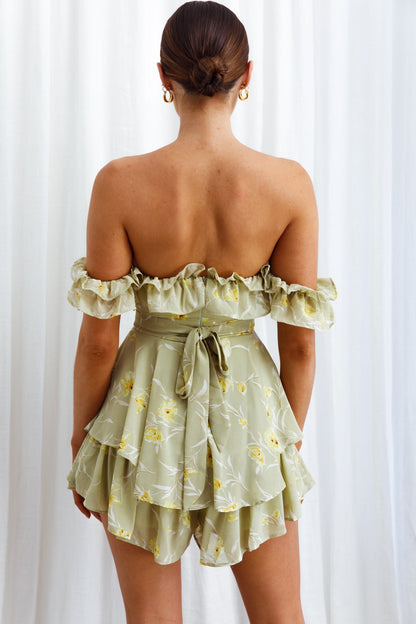 Verona Off-Shoulder Romper Floral Print Olive