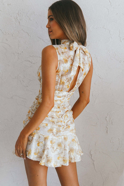 Monte Cristi High Neck Sleeveless Mini Dress Floral Print Yellow