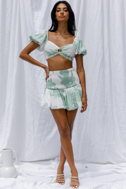 Escape With Me Tied Back Crop Top Printed Sage