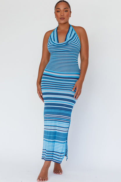 Azure Shores Knit Midi Dress Striped Blue