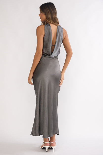 Damsel Reverse Halter Maxi Dress Satin Charcoal