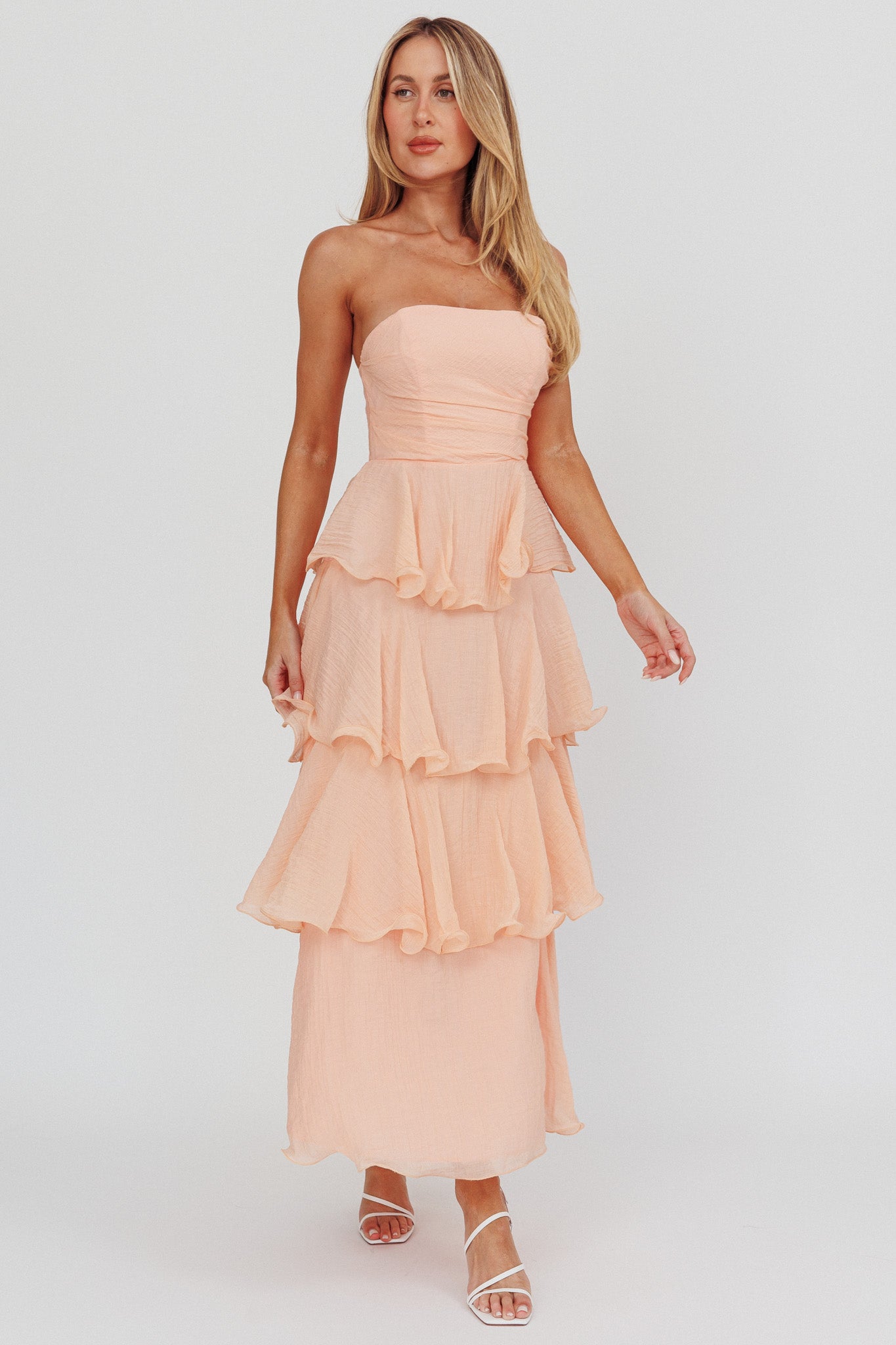 Giavana Strapless Layered Ruffles Midi Dress Blush