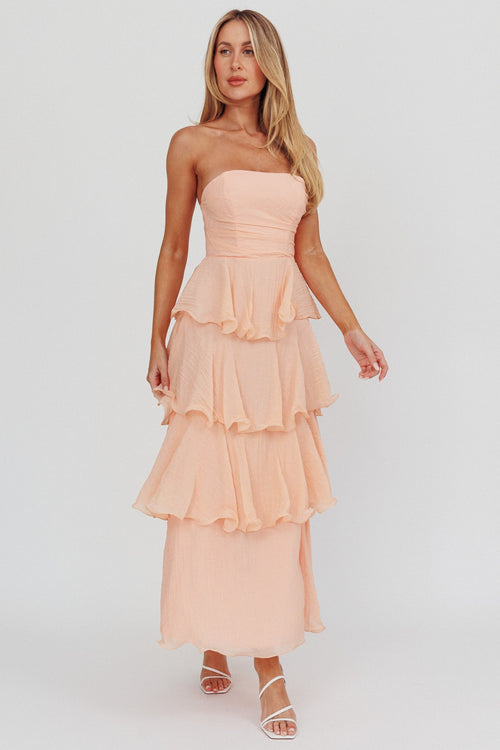 Giavana Strapless Layered Ruffles Midi Dress Blush