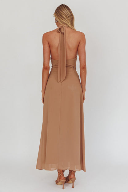 Maretha Cowl Halterneck Maxi Dress Latte