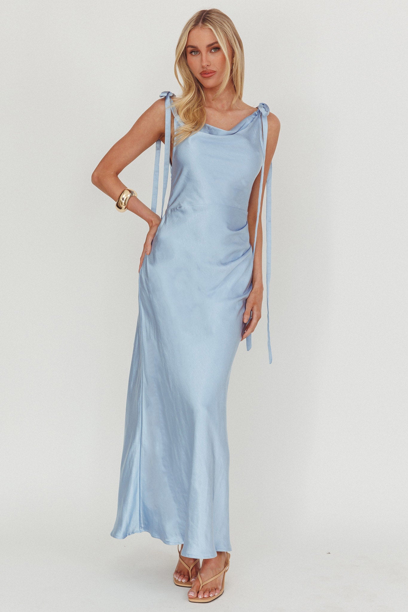 Glory Day Tied Shoulder Cowl Maxi Dress Ice Blue