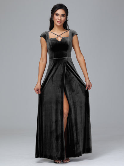 Cap Sleeves Velvet Bridesmaid Dress With Slit