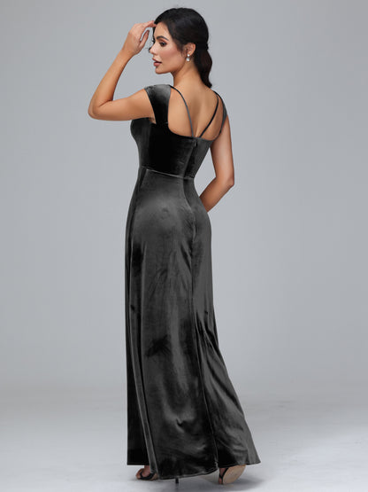 Cap Sleeves Velvet Bridesmaid Dress With Slit