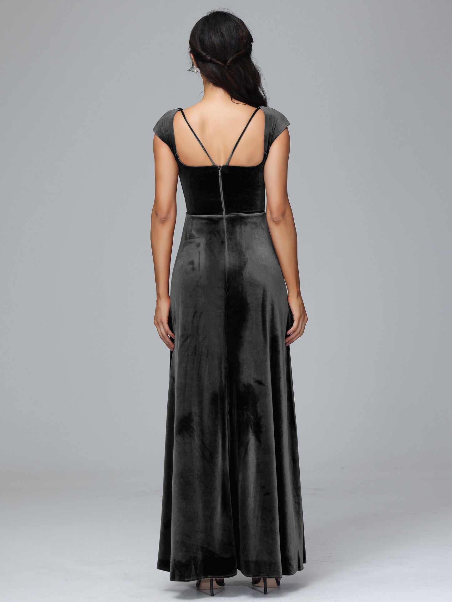 Cap Sleeves Velvet Bridesmaid Dress With Slit