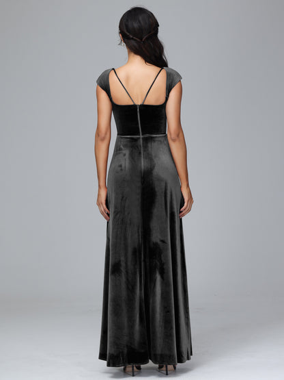 Cap Sleeves Velvet Bridesmaid Dress With Slit