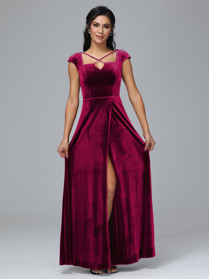 Cap Sleeves Velvet Bridesmaid Dress With Slit