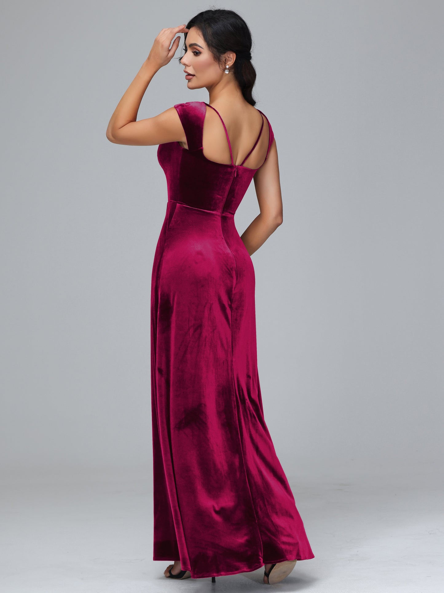 Cap Sleeves Velvet Bridesmaid Dress With Slit