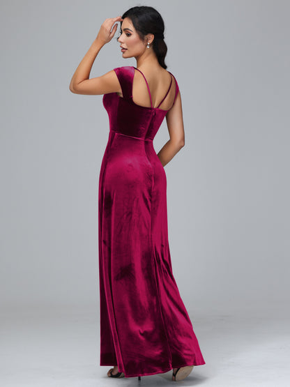 Cap Sleeves Velvet Bridesmaid Dress With Slit