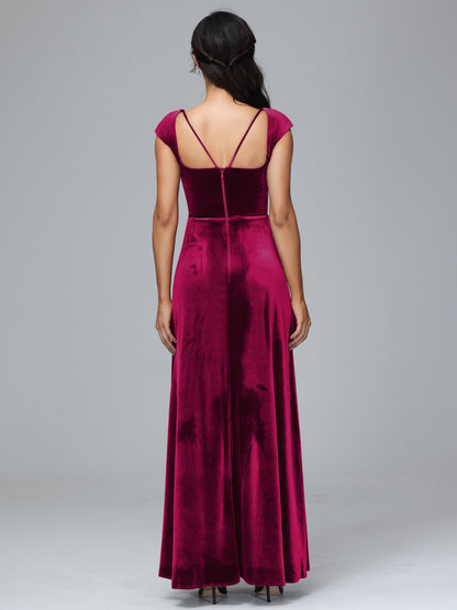 Cap Sleeves Velvet Bridesmaid Dress With Slit
