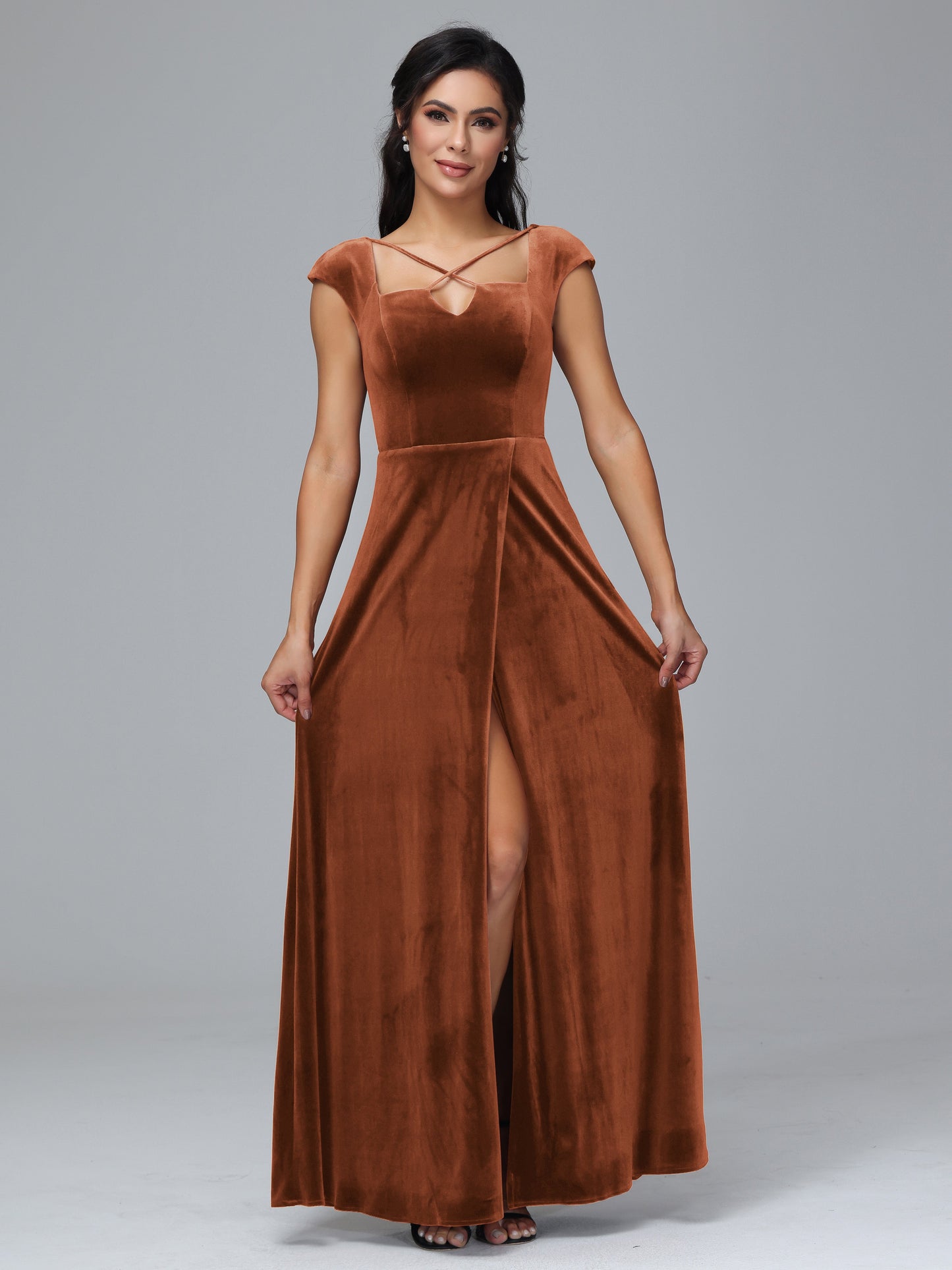 Cap Sleeves Velvet Bridesmaid Dress With Slit