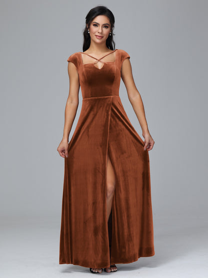 Cap Sleeves Velvet Bridesmaid Dress With Slit