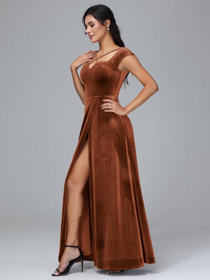 Cap Sleeves Velvet Bridesmaid Dress With Slit