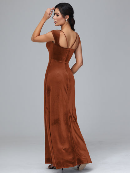 Cap Sleeves Velvet Bridesmaid Dress With Slit